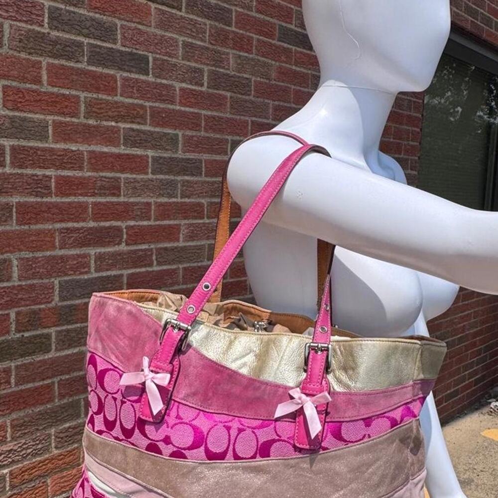Rare vintage Coach pink and beige striped tote bag